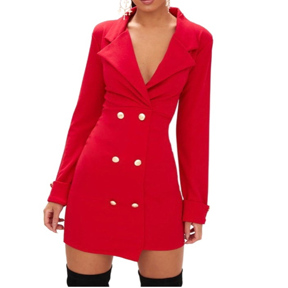 Red Gold Button Detail Blazer Dress